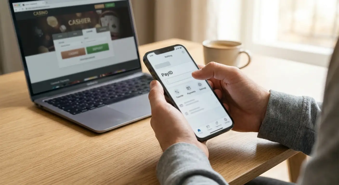 Person using smartphone with PayID banking app and laptop showing casino cashier