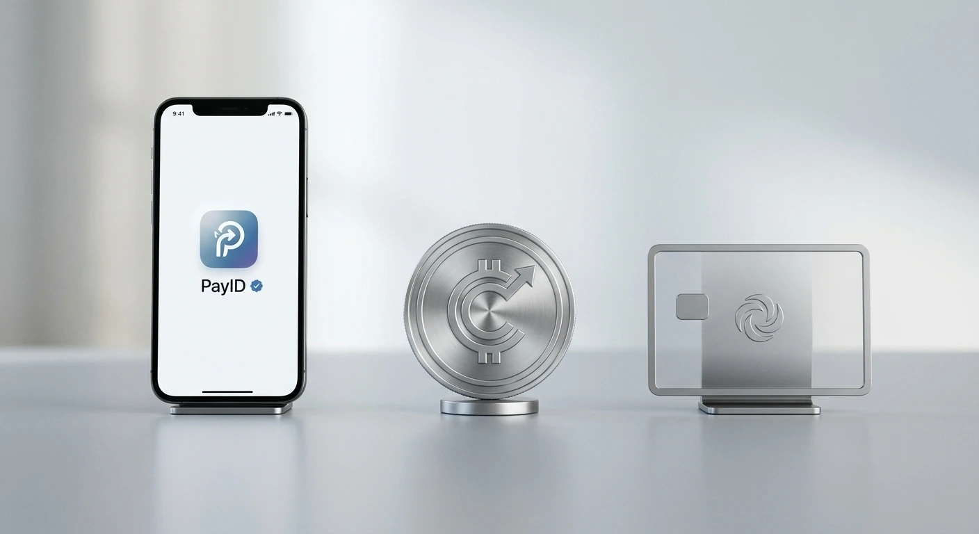 Three payment method symbols representing PayID, cryptocurrency, and payment cards