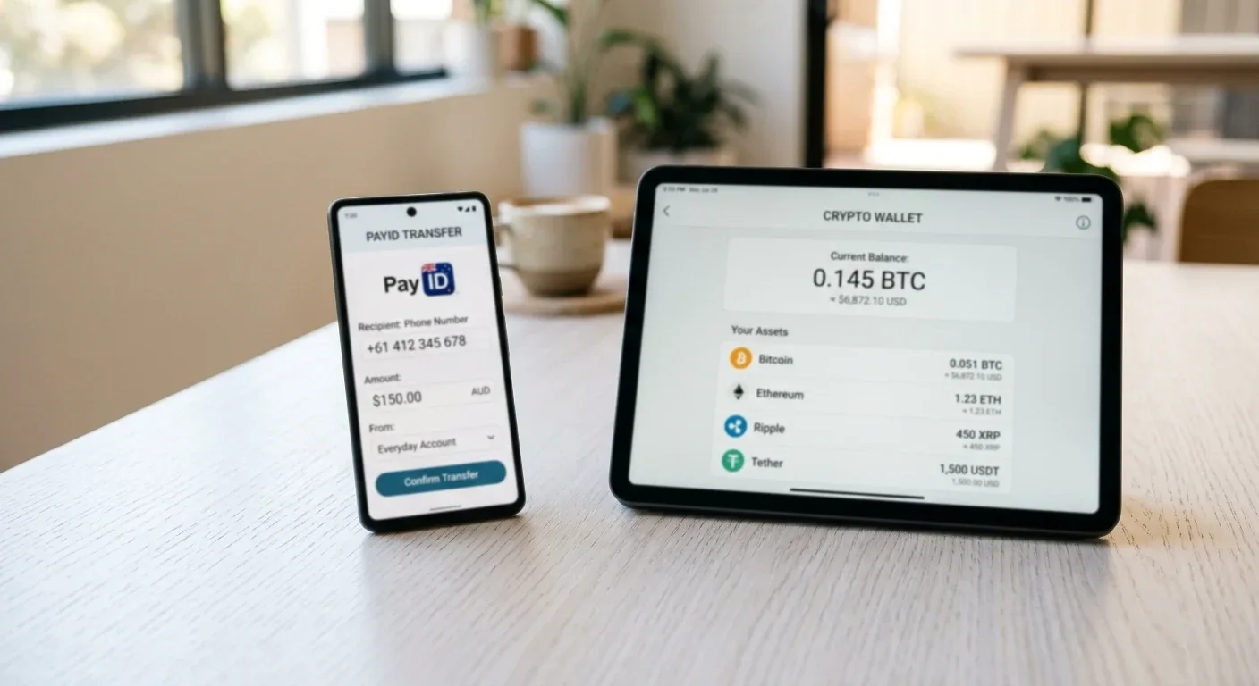 Smartphone with PayID banking app and tablet showing cryptocurrency wallet interface on desk