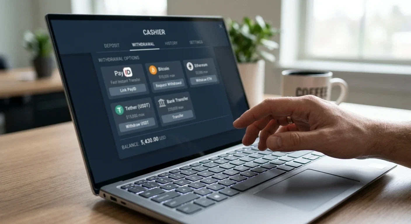 Person selecting PayID or cryptocurrency withdrawal method on Australian casino cashier interface