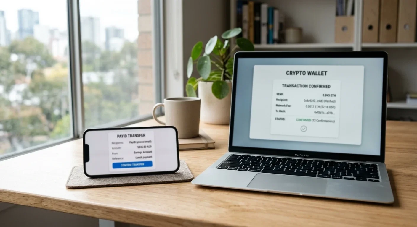 PayID and cryptocurrency withdrawal interfaces showing settlement speeds