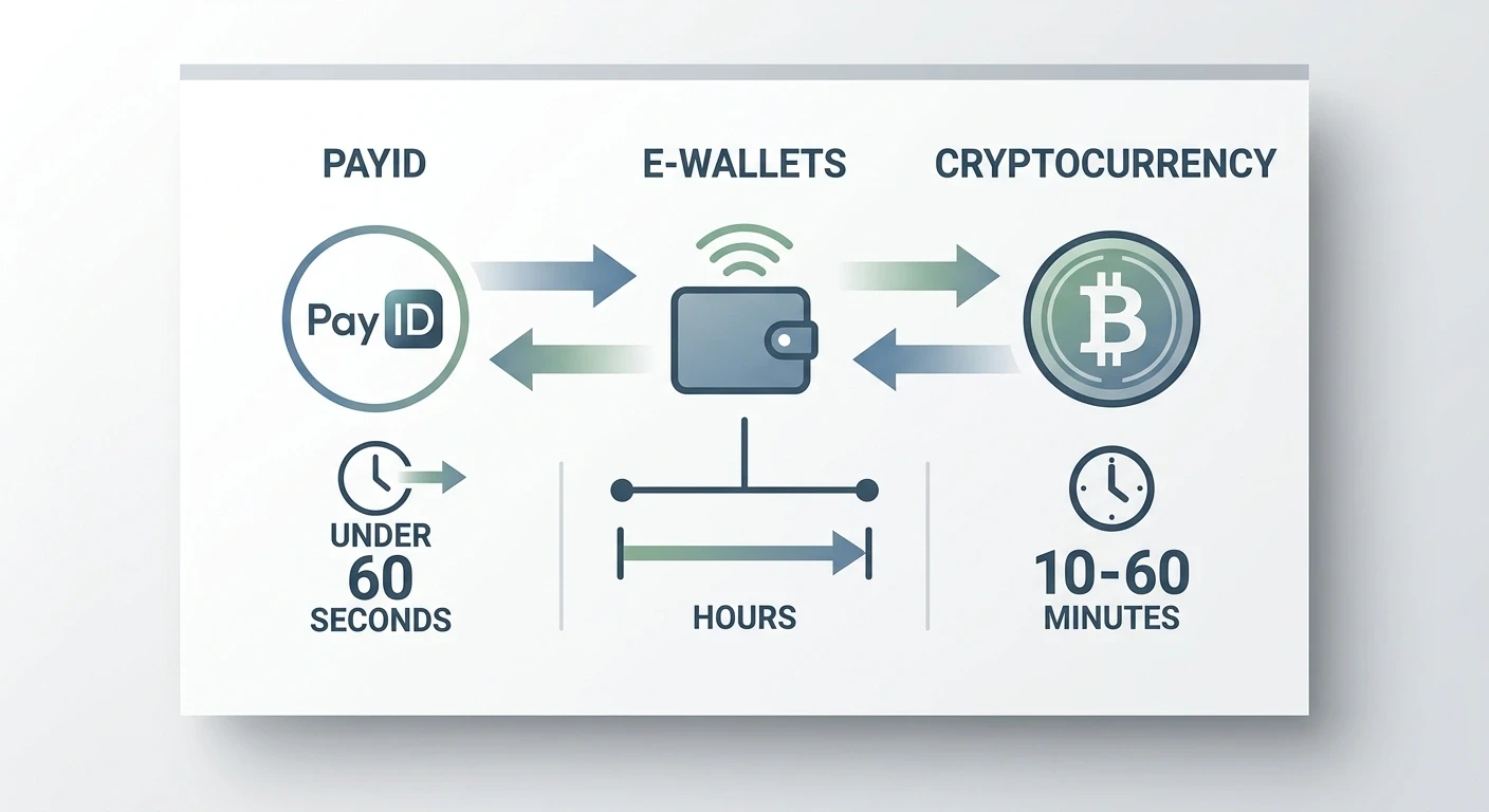PayID and crypto payment method icons with speed indicators