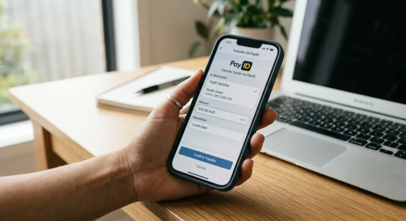Australian banking app on smartphone showing PayID transfer to casino