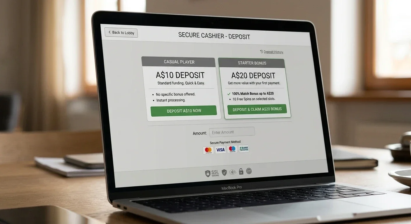 Casino cashier interface showing PayID deposit options and bonus thresholds