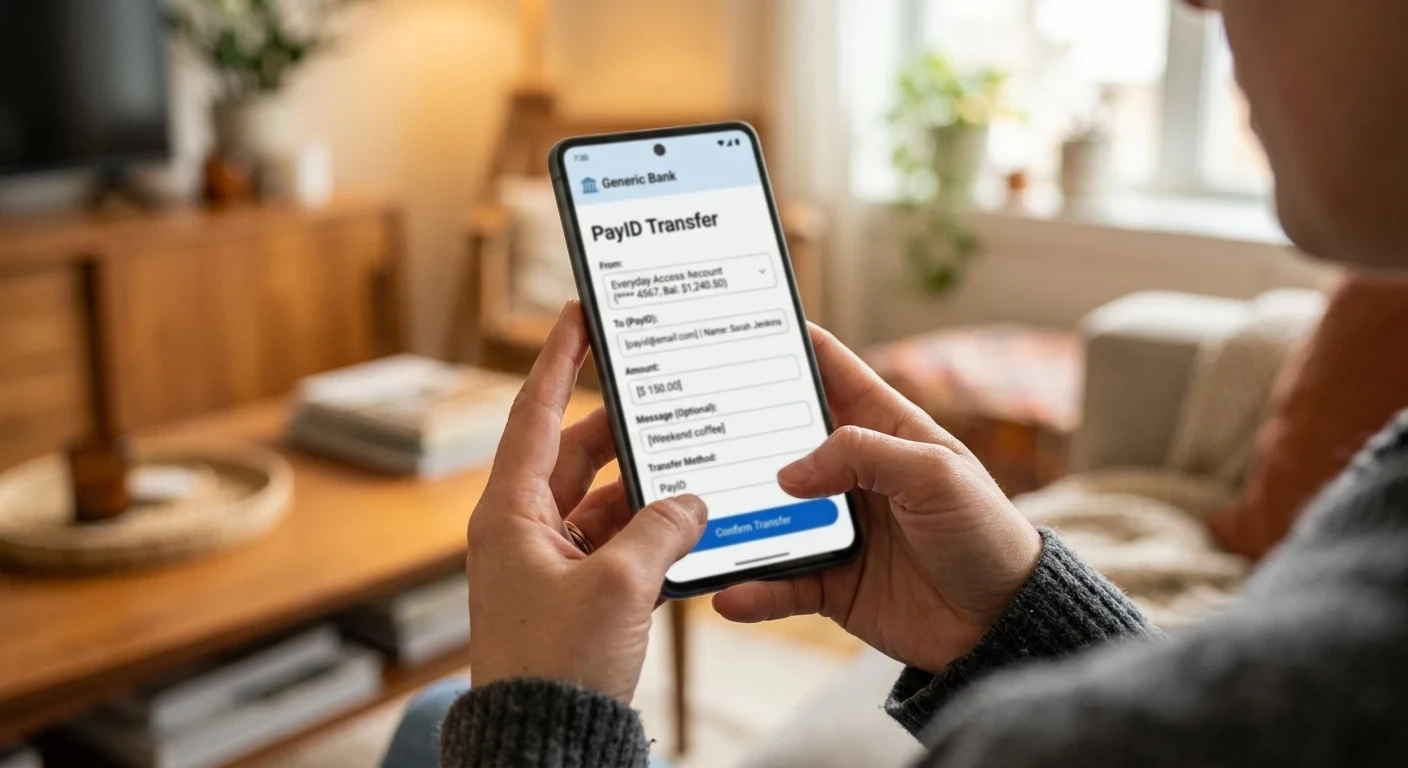 Mobile phone screen showing banking app PayID transfer interface