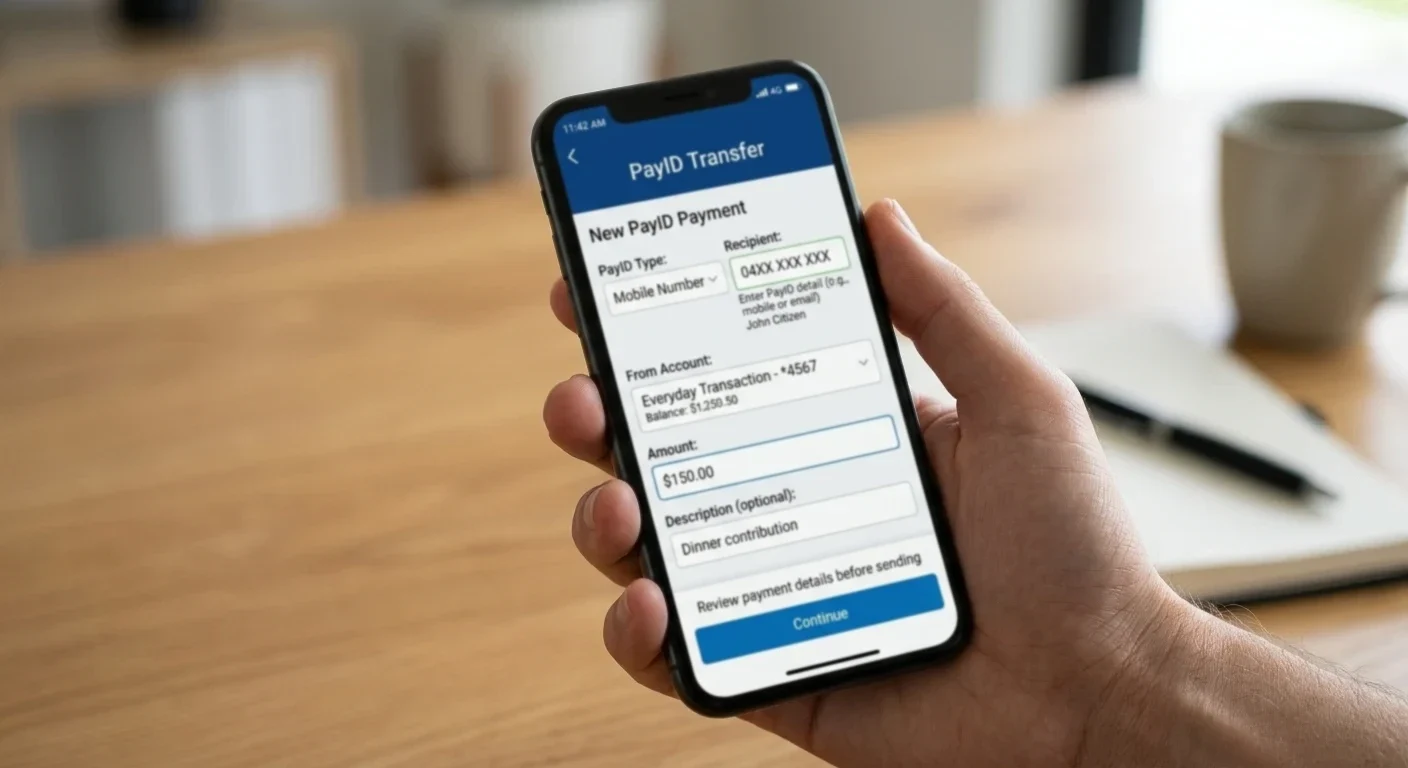 Australian banking app showing PayID transfer screen with casino payment details