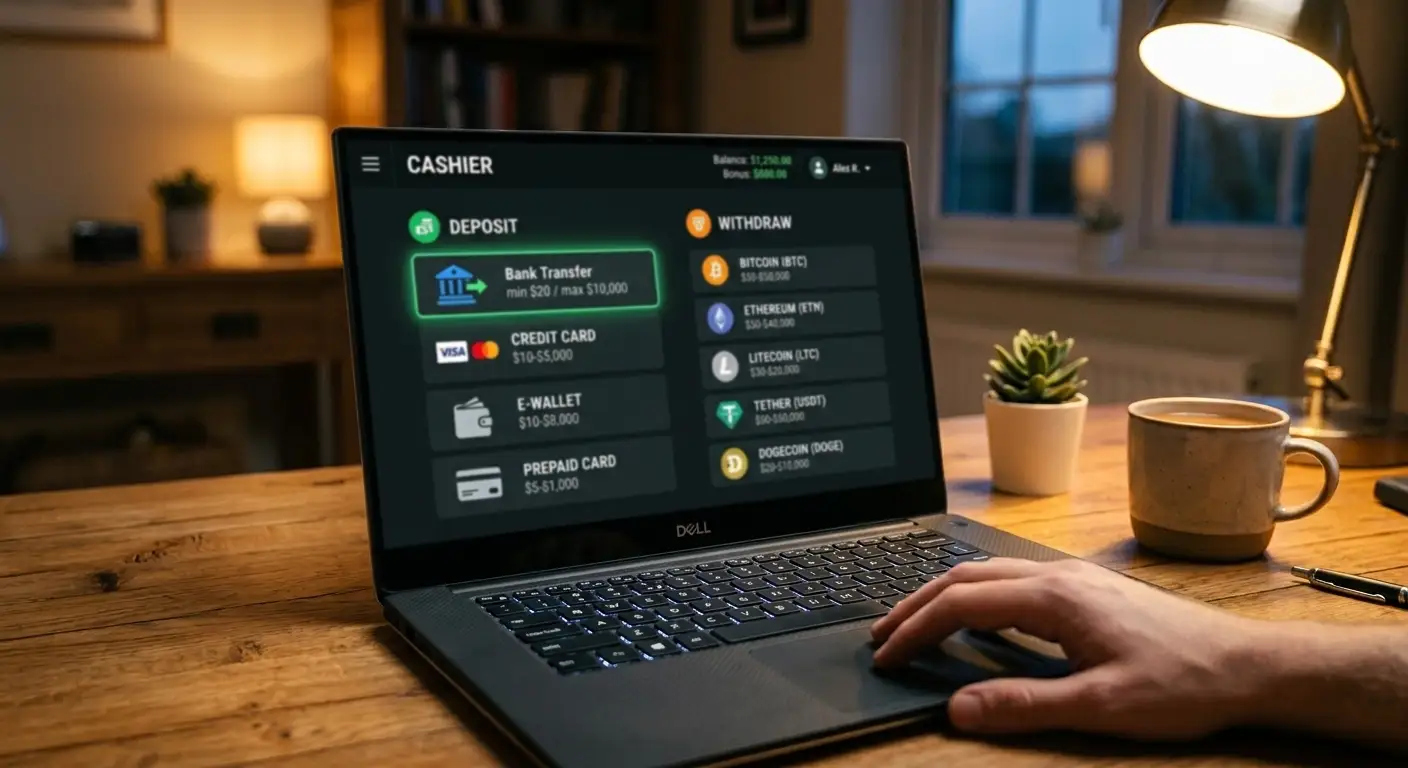 Laptop screen showing PayID cashier with deposit-only warning and crypto withdrawal options
