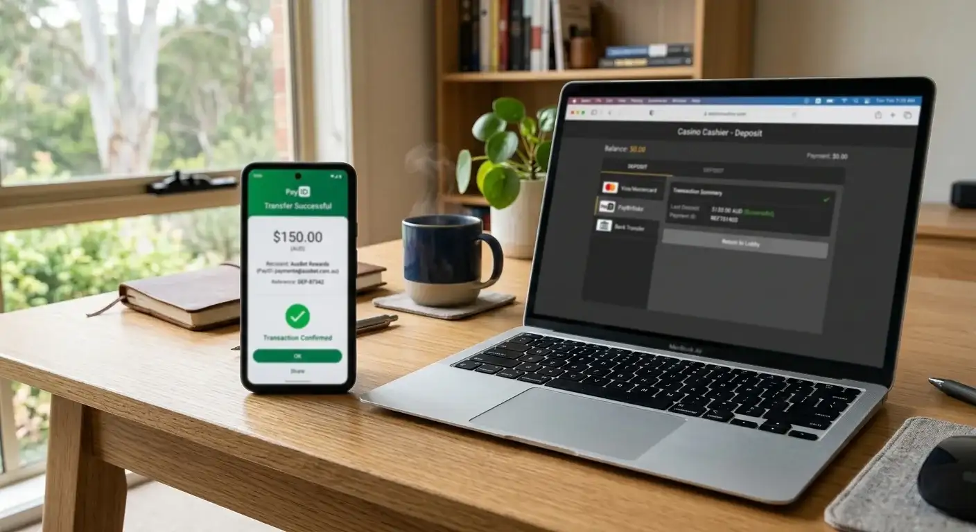 Smartphone displaying PayID transfer confirmation screen next to laptop showing casino cashier interface
