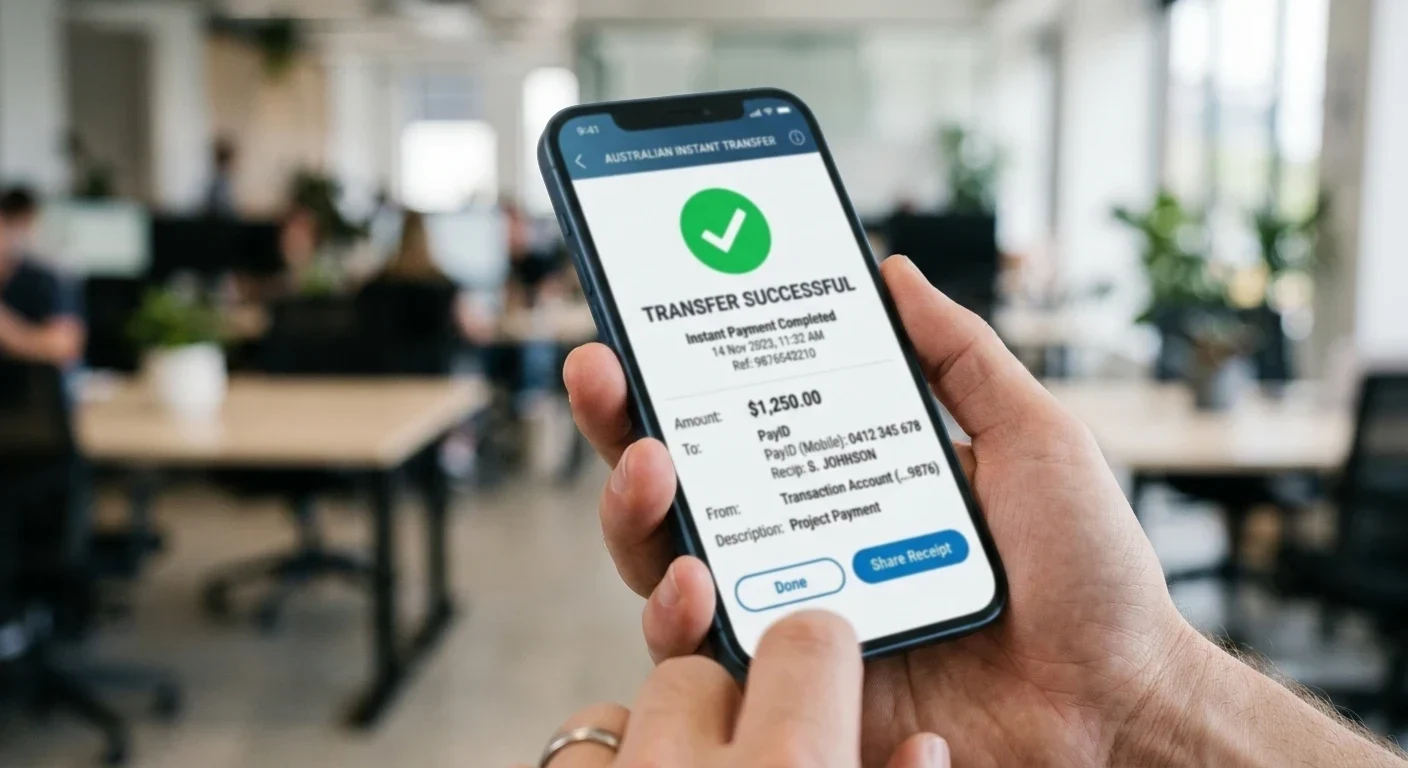 Australian banking app showing PayID instant transfer confirmation on smartphone screen