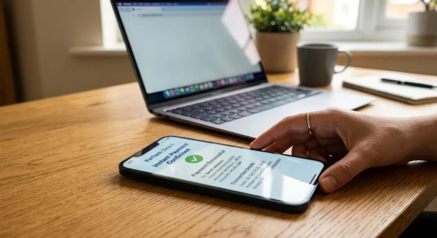 Smartphone displaying PayID bank transfer interface with instant settlement notification