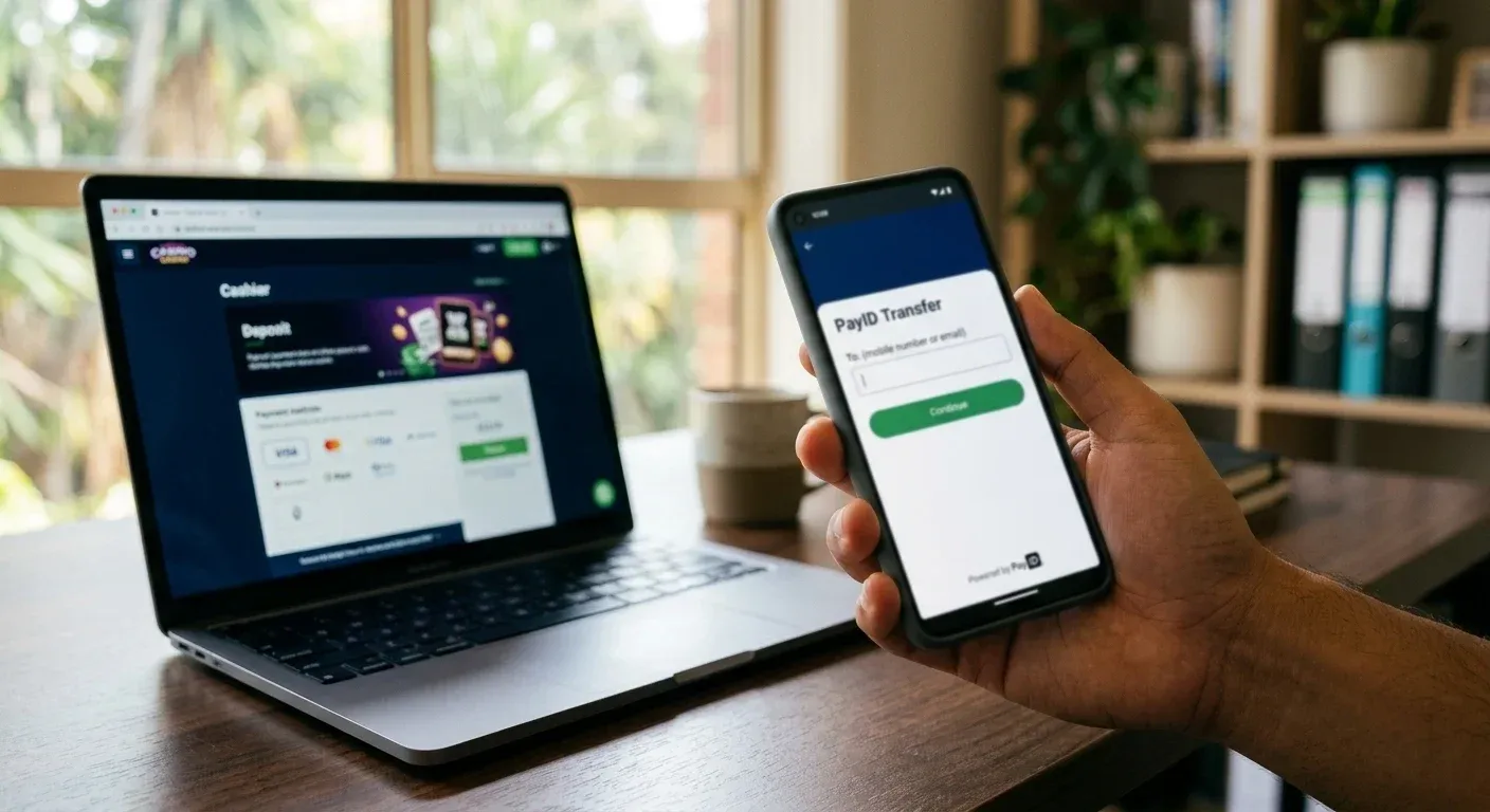 Smartphone showing PayID banking interface with casino deposit page on laptop