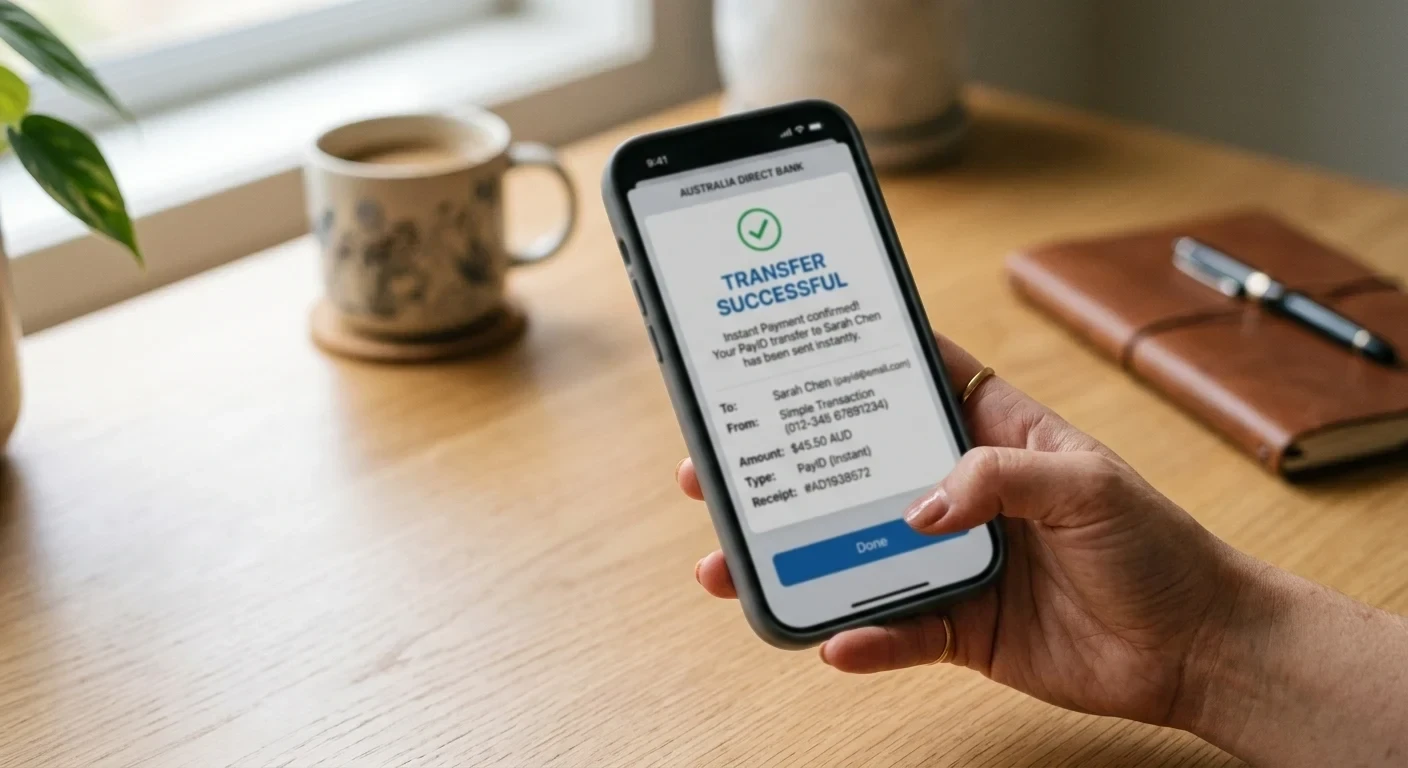 Mobile phone showing PayID transfer interface with instant payment confirmation