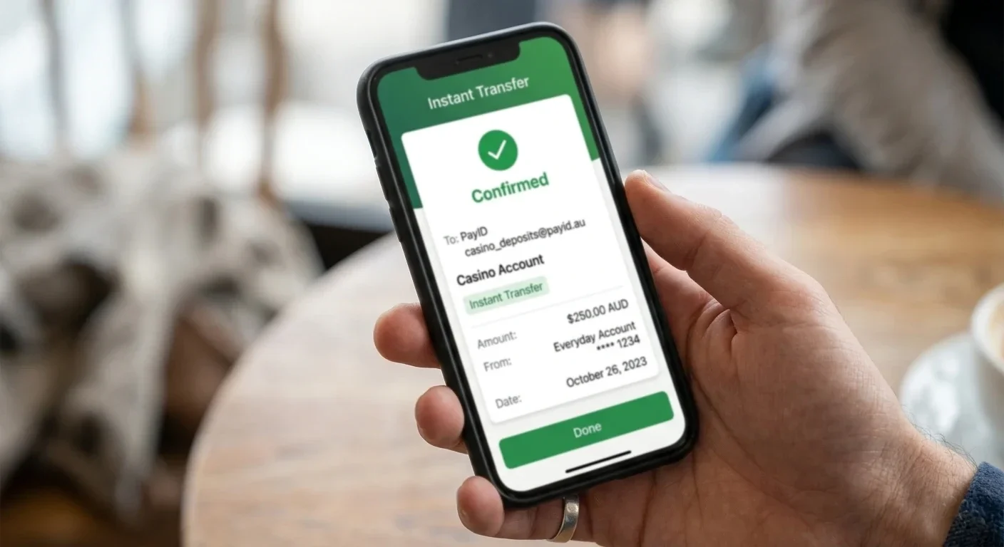 Australian banking app showing PayID instant transfer confirmation to casino account