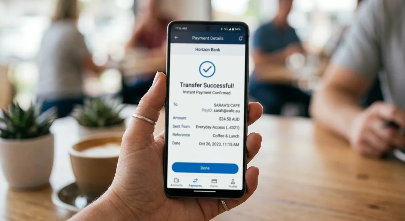 Smartphone showing PayID transfer interface with instant confirmation notification