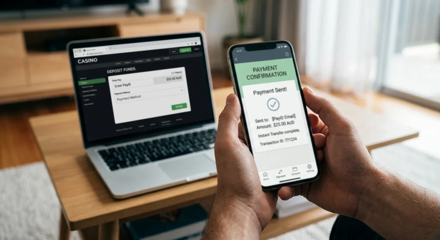 Smartphone showing PayID instant banking transfer with laptop displaying casino deposit page