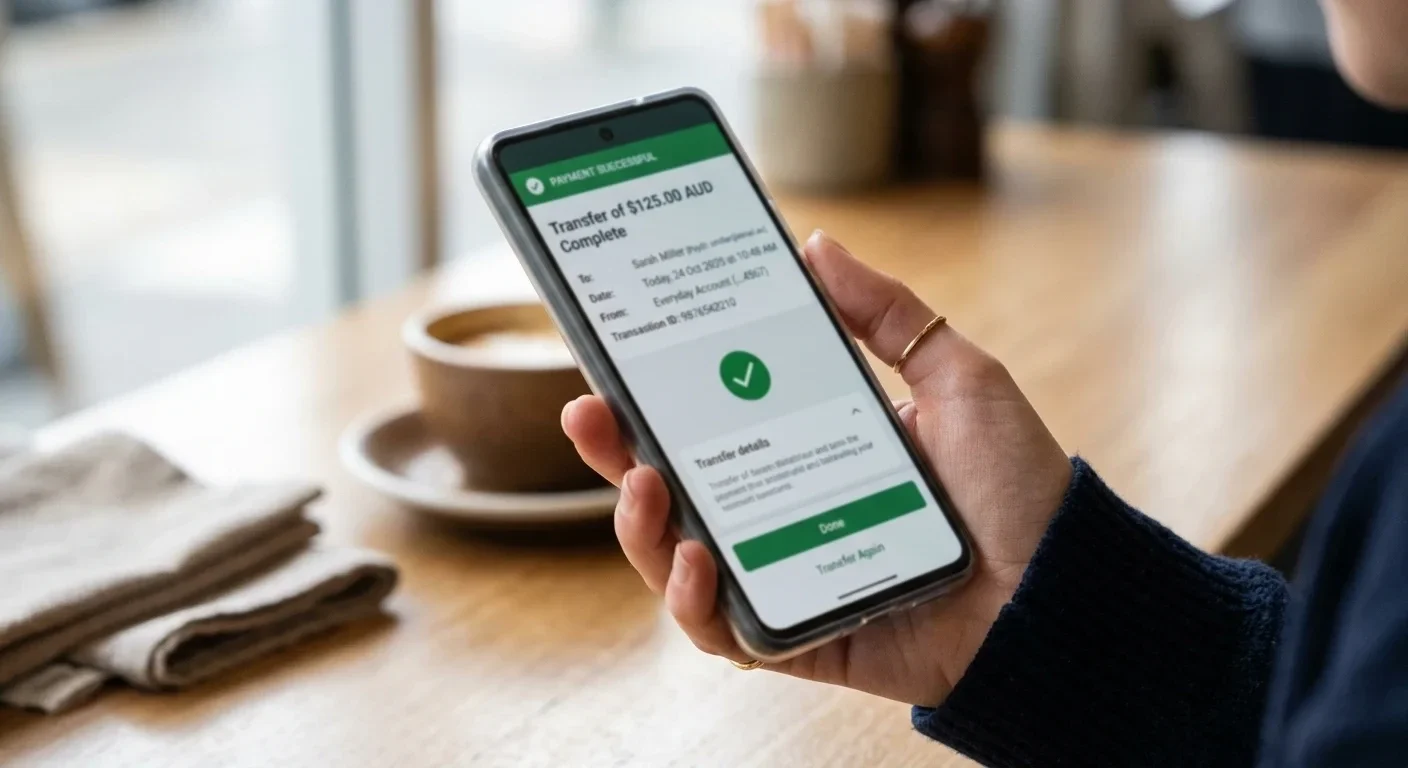 Phone screen showing PayID casino deposit confirmation from Australian banking app
