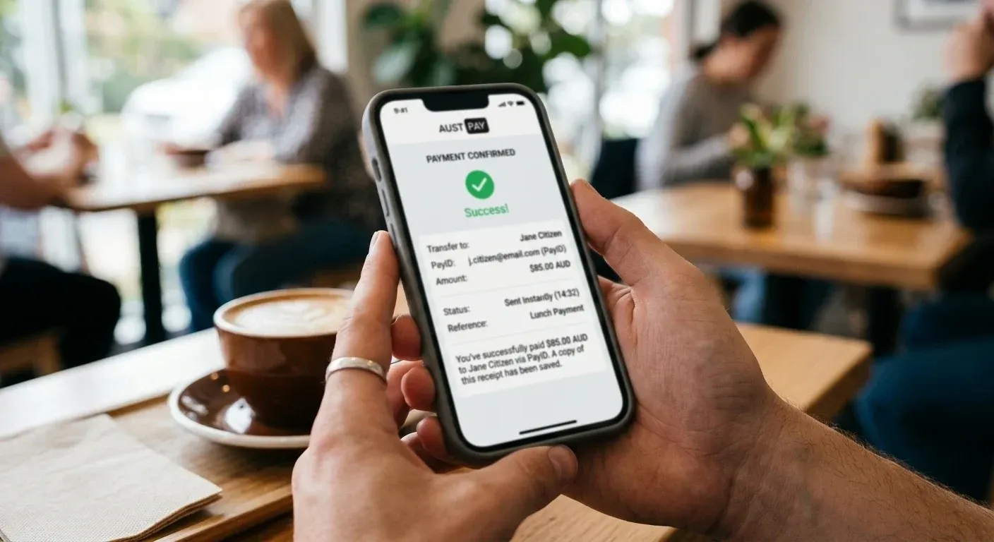 Australian banking app on smartphone showing PayID transfer interface with instant payment confirmation