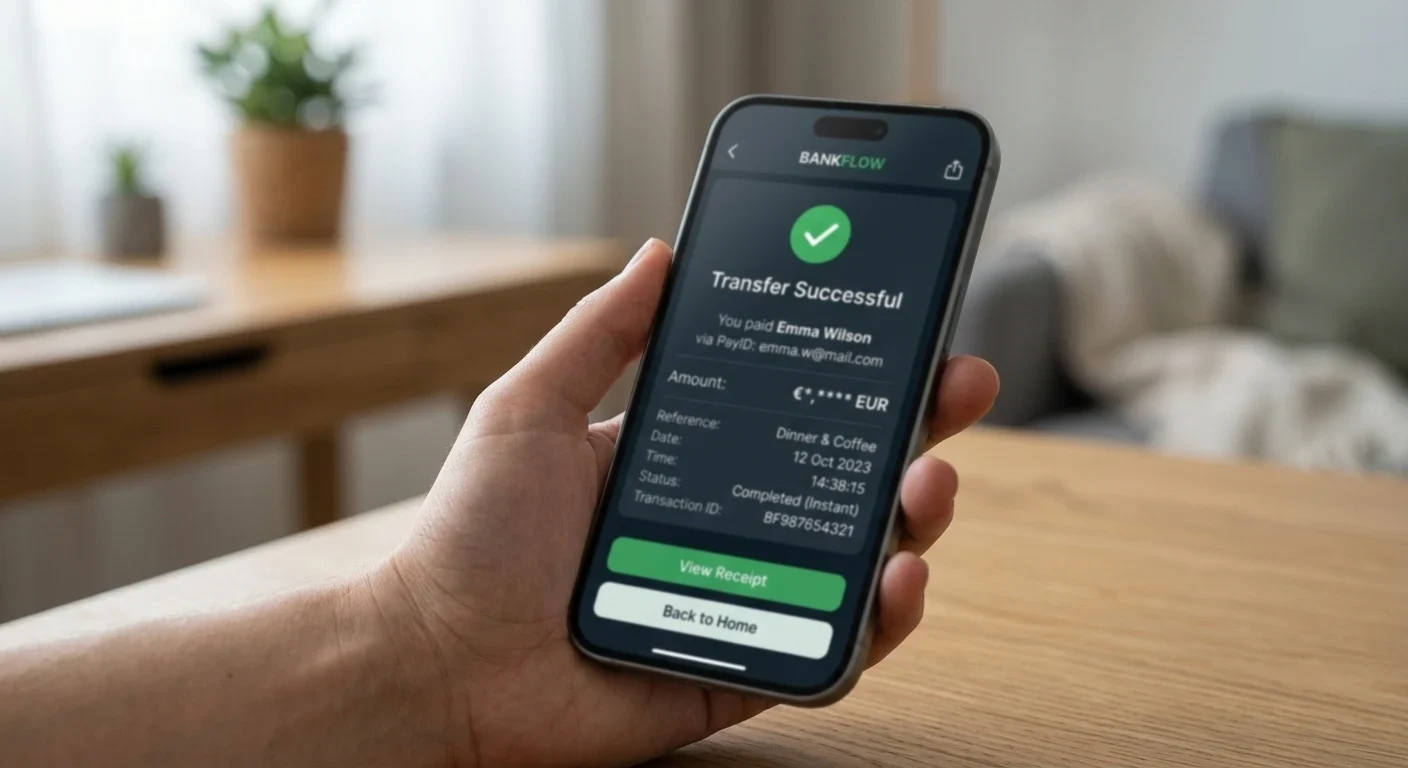 Smartphone displaying PayID instant transfer interface with New Payments Platform logo