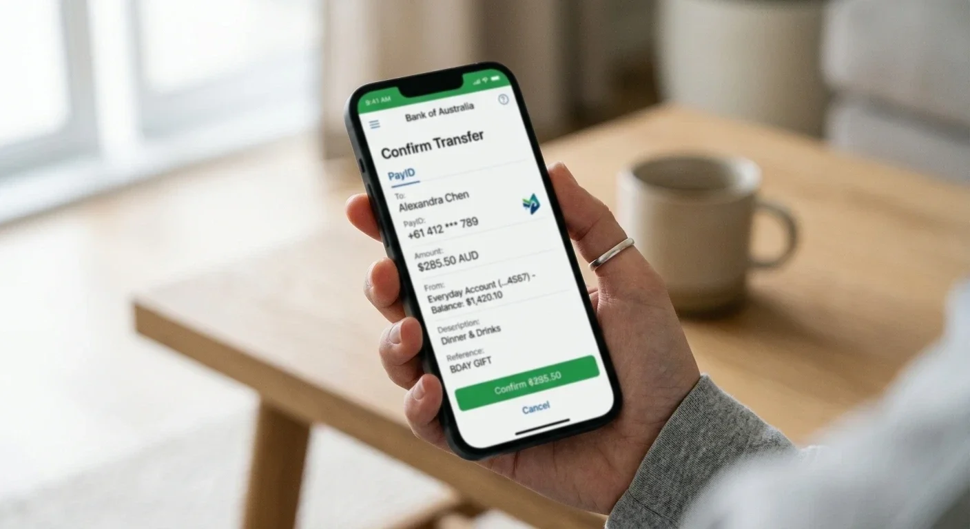 Smartphone held in hand showing a clean PayID transfer interface with Australian bank app design