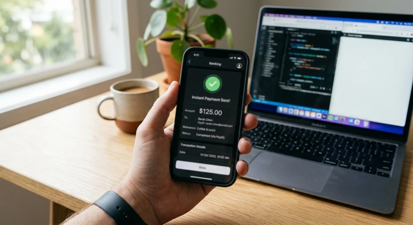 Person reviewing banking app on smartphone showing PayID instant transfer notification