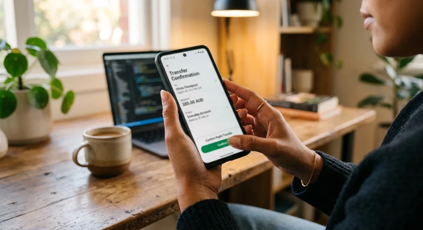 Person using PayID transfer on smartphone banking app