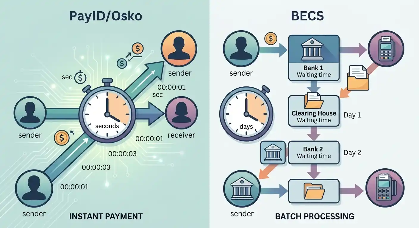 Diagram showing PayID real-time payment flow versus BECS batch processing timeline
