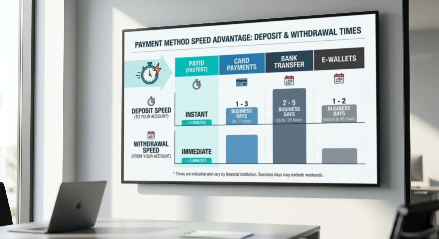 Comparison of payment methods showing PayID speed advantage for casino transactions