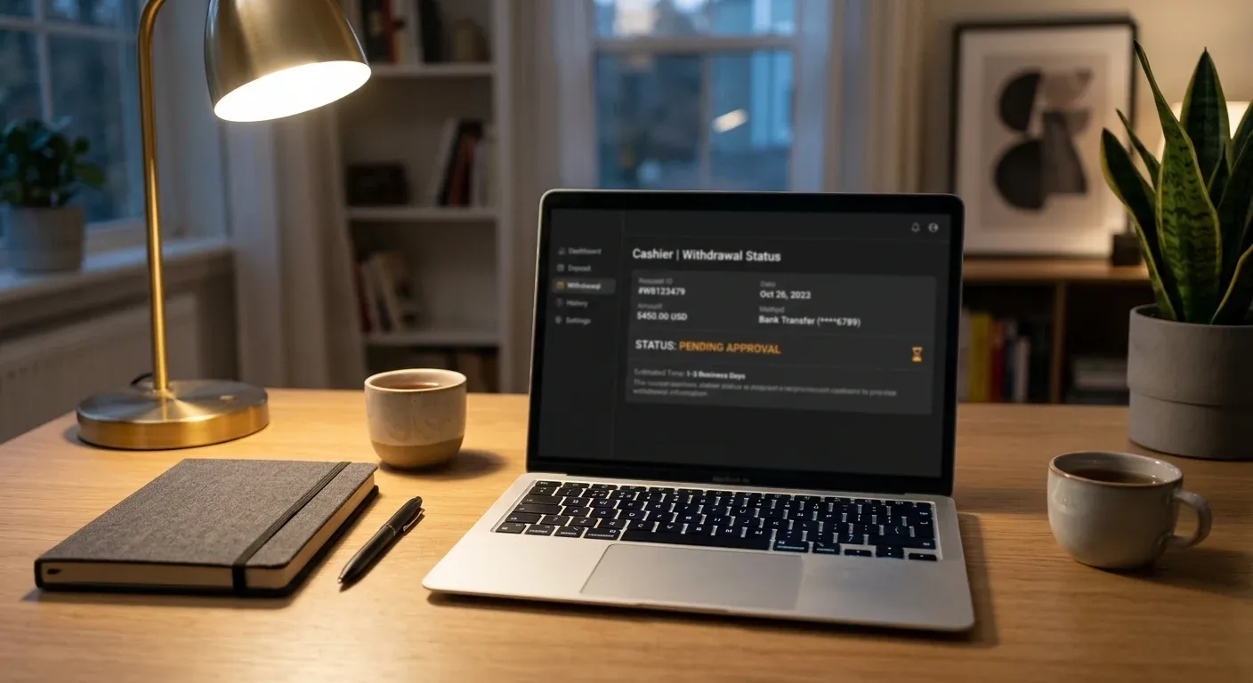 Laptop showing casino withdrawal pending approval screen