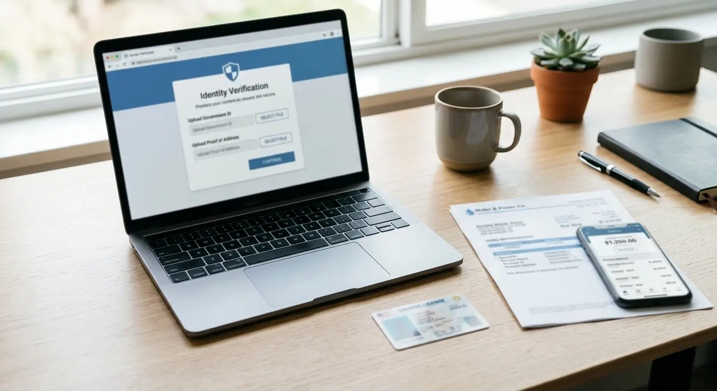 Casino account verification documents on desk with laptop showing KYC upload screen