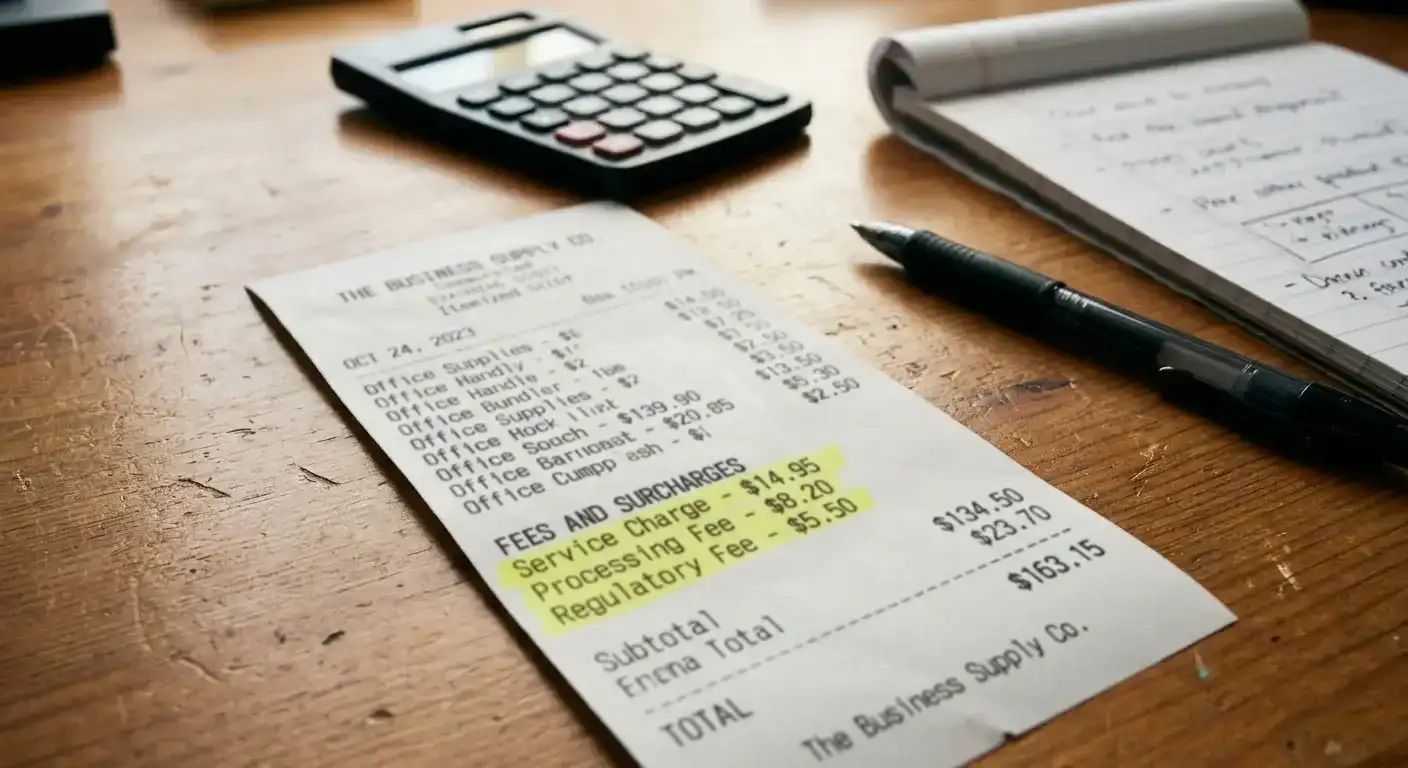 Itemised receipt showing hidden casino payment fees breakdown