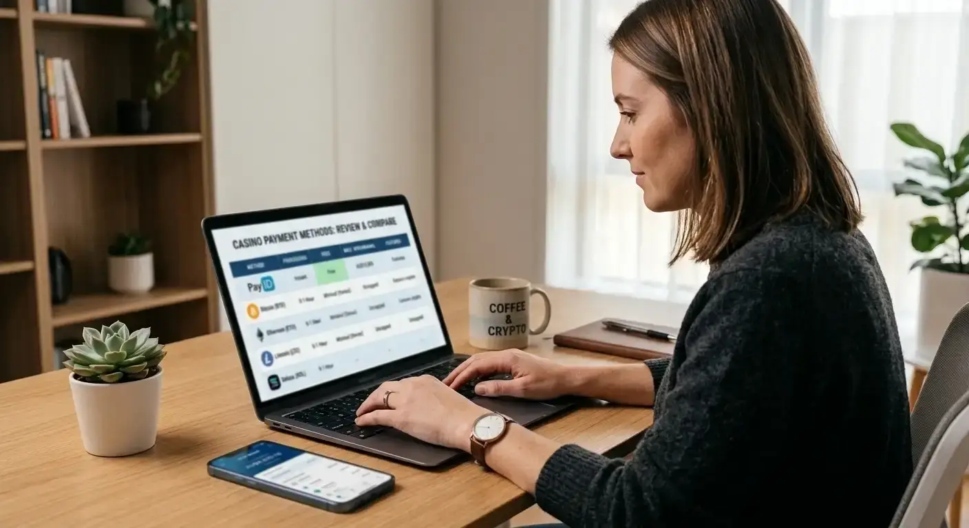 Person reviewing casino payment options on laptop showing PayID and crypto deposit methods