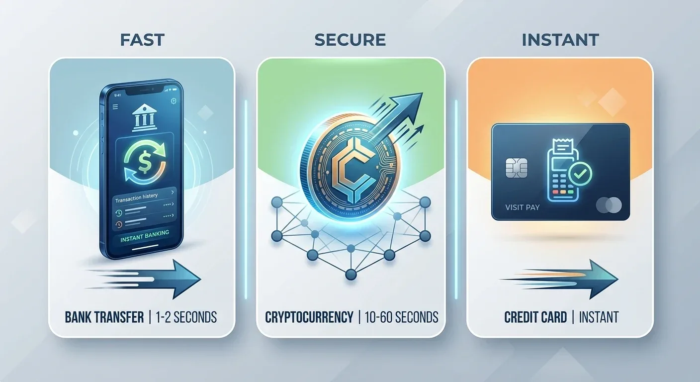 Side-by-side payment method comparison showing speed and fee differences