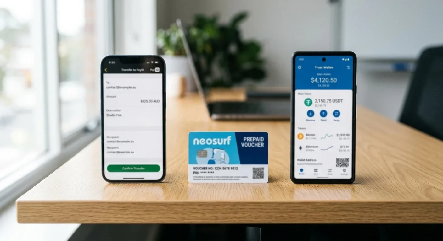 Smartphone showing PayID transfer screen, Neosurf voucher, and crypto wallet interface