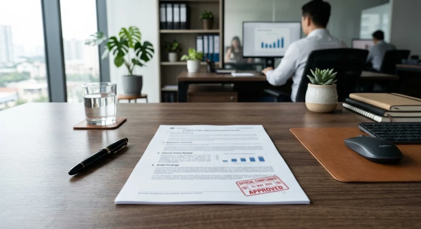 Business compliance document with stamp representing payment processor regulations