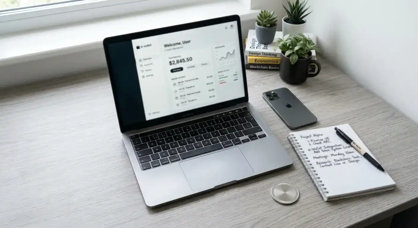 Laptop with e-wallet dashboard, smartphone, notepad and token on organised desk