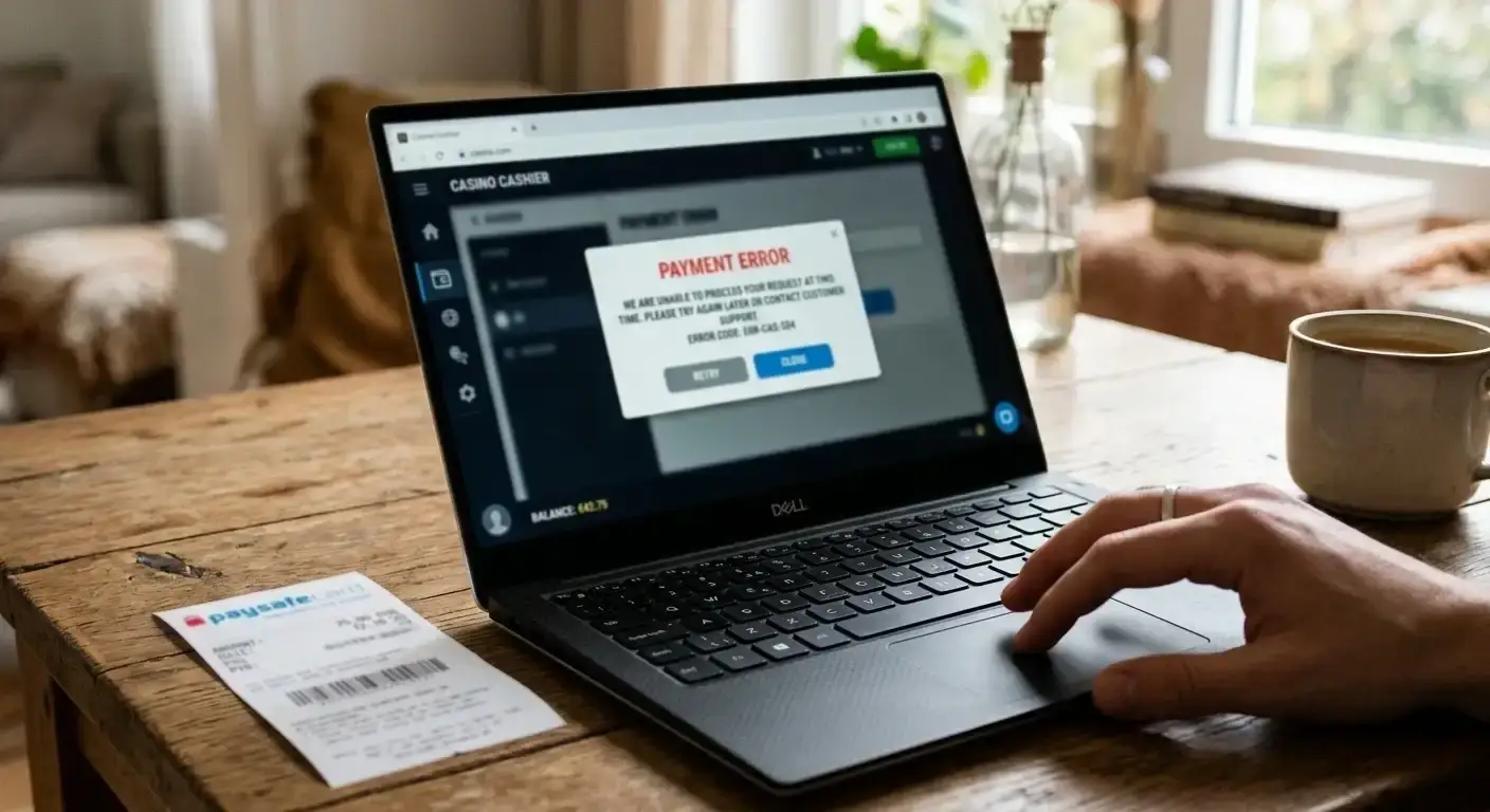 Cashier error dialogue on a laptop screen showing a Paysafecard voucher decline while a hand rests on the trackpad