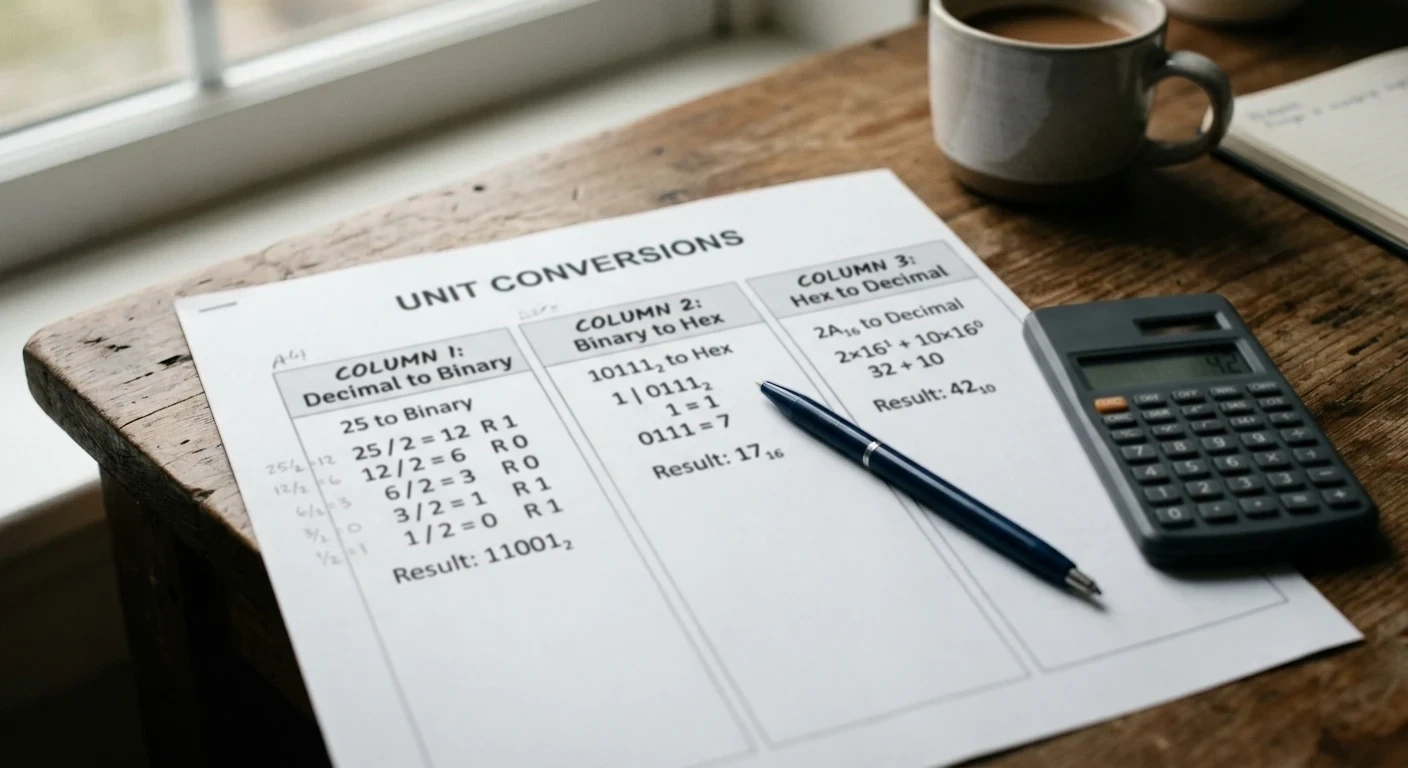 Printed conversion worksheet on a desk showing Australian-dollar-to-euro-to-cashier conversion arithmetic with a small calculator beside it