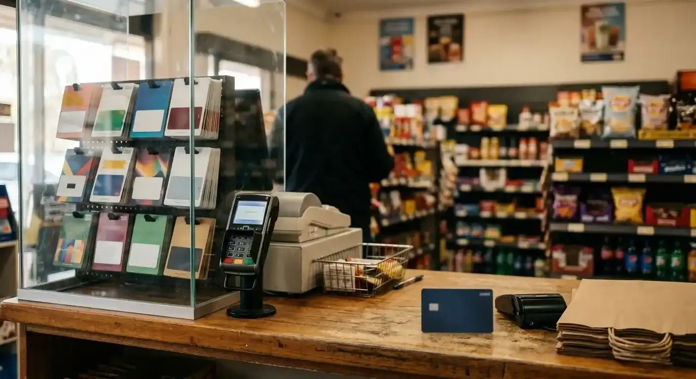 Convenience-store counter with a rack of prepaid vouchers next to the till and an Australian bank card on the counter surface