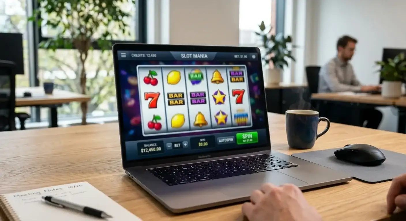 Laptop displaying generic pokie slot game with colourful reels