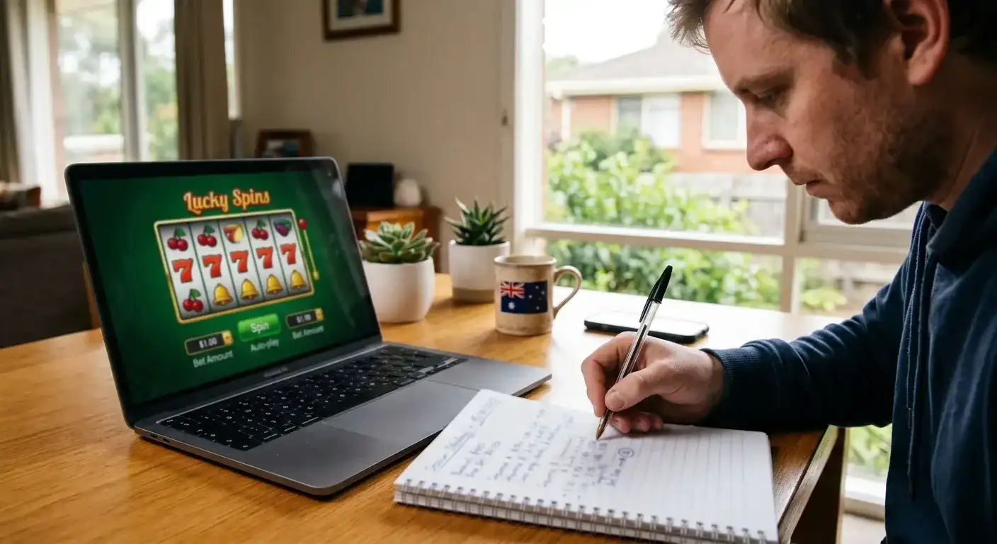 Player at desk with notepad showing bet size calculations and pokies interface on laptop
