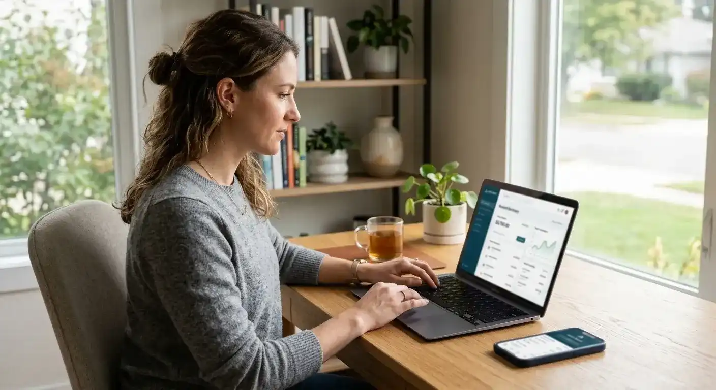 Person at laptop reviewing bank account transactions for casino deposit