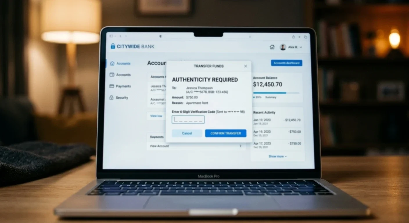 Bank transfer interface showing POLi-style online banking authentication