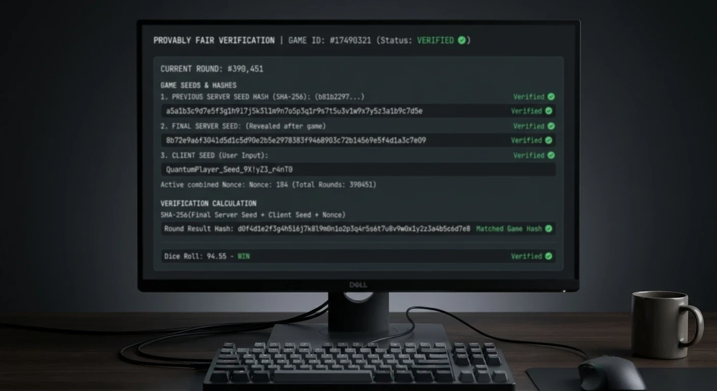 Provably fair verification interface showing server seed, client seed, and hash verification