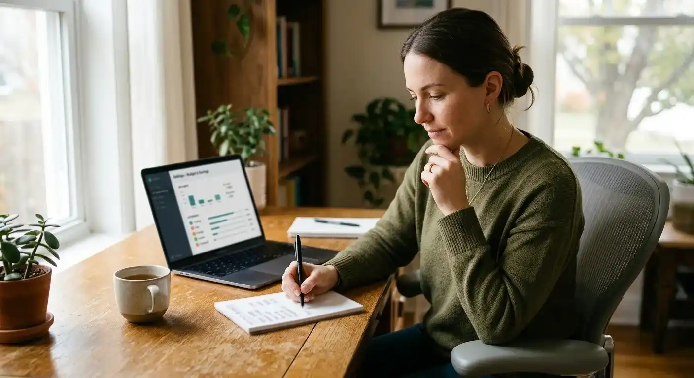 Person at desk with notepad setting budget limits while reviewing casino account settings