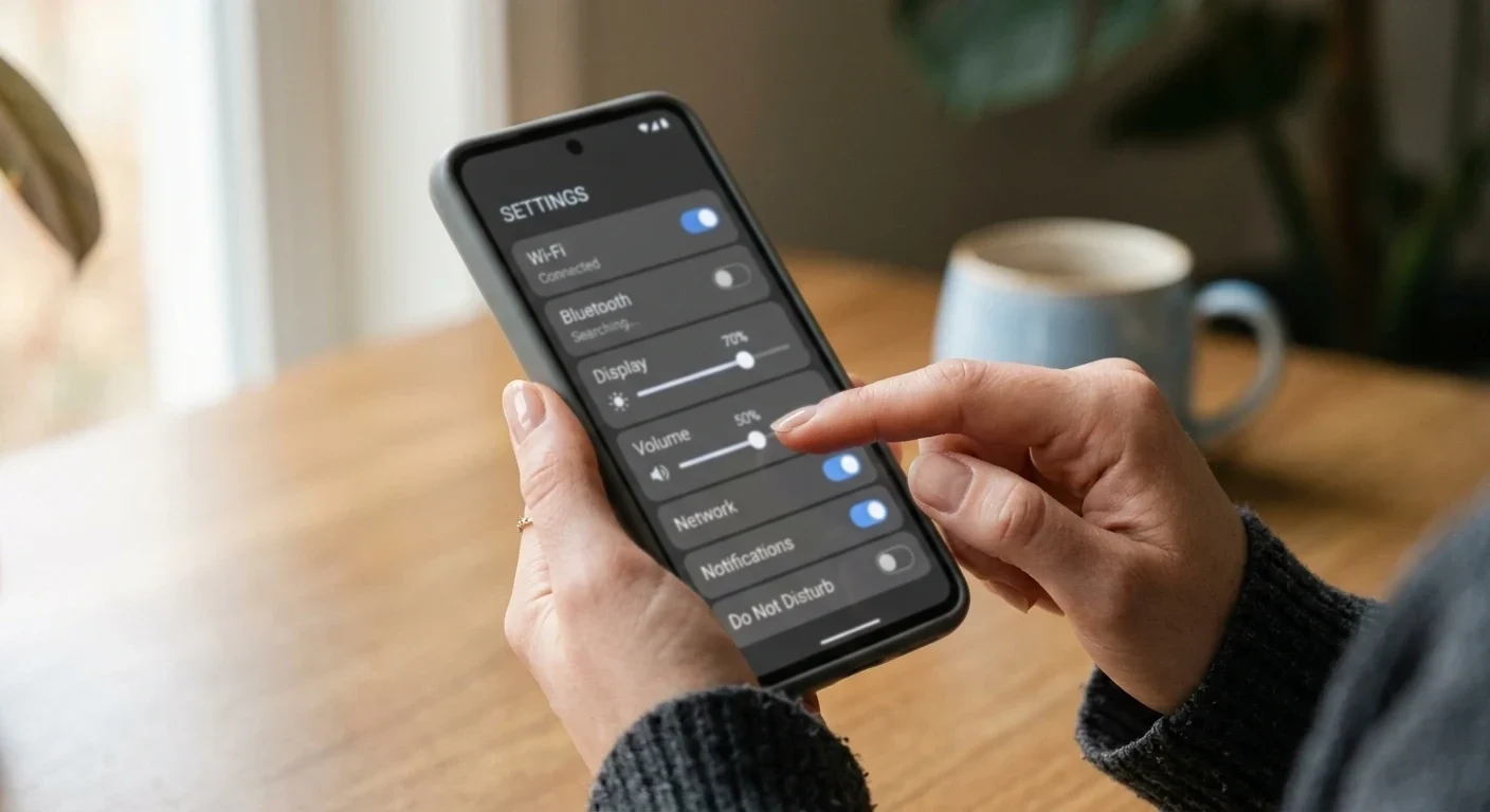 Hands using smartphone showing settings screen with toggle switches and sliders, calm lighting