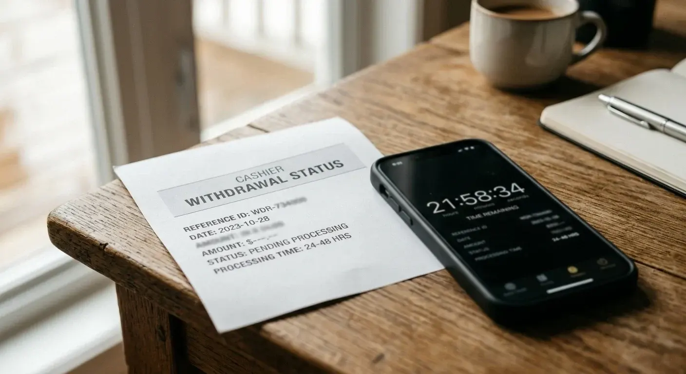 Countdown timer running on a phone next to a printed cashier withdrawal-status page showing the funds still in a pending state