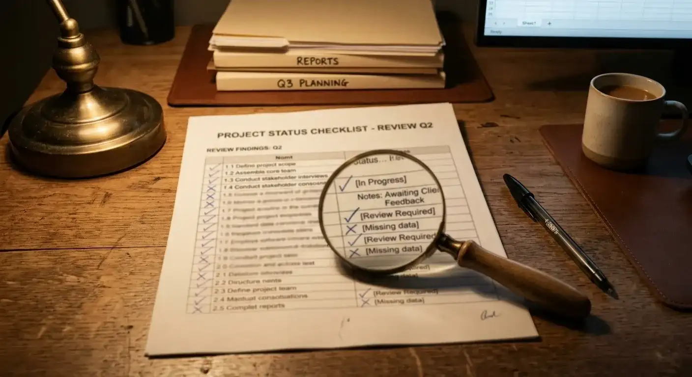 Checklist document with magnifying glass highlighting red flags and green flags