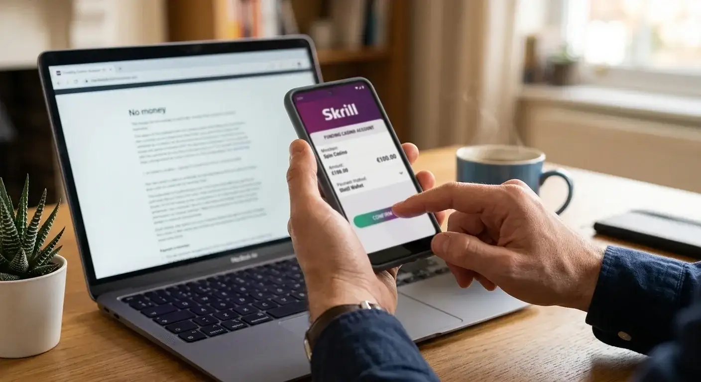 Person using Skrill mobile app to fund casino account on laptop screen