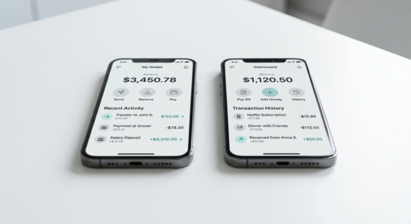 Two smartphones side by side displaying generic e-wallet dashboard screens on white surface