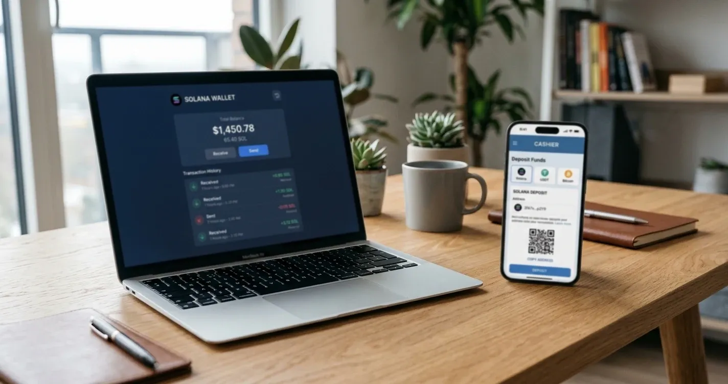 Solana casino comparison Australia showing laptop with crypto wallet and withdrawal speed data